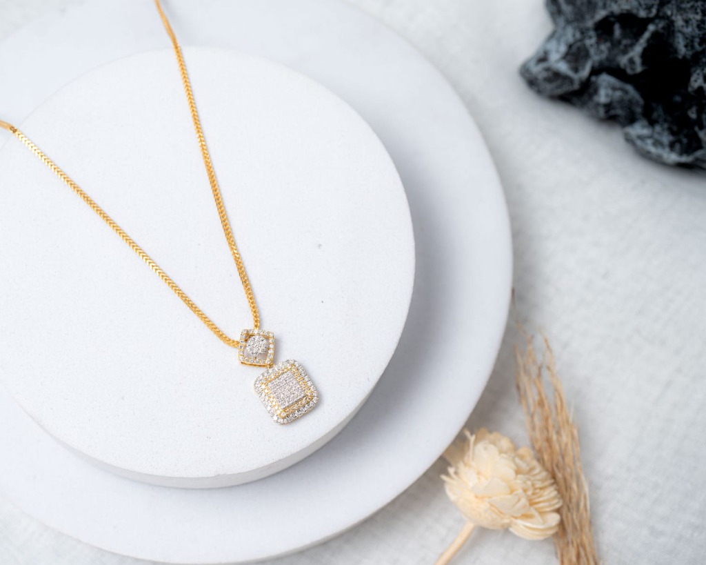 Double Square Halo Gold & Diamond Pendant on Pedestal