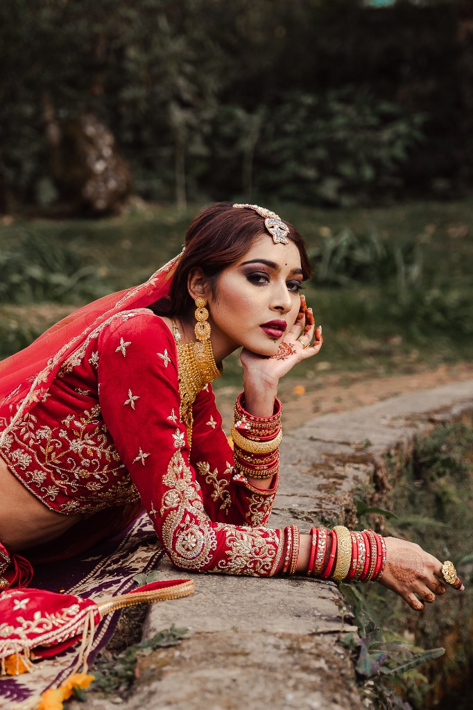 Nepali Velvet Bride Garden Ledge Portrait
