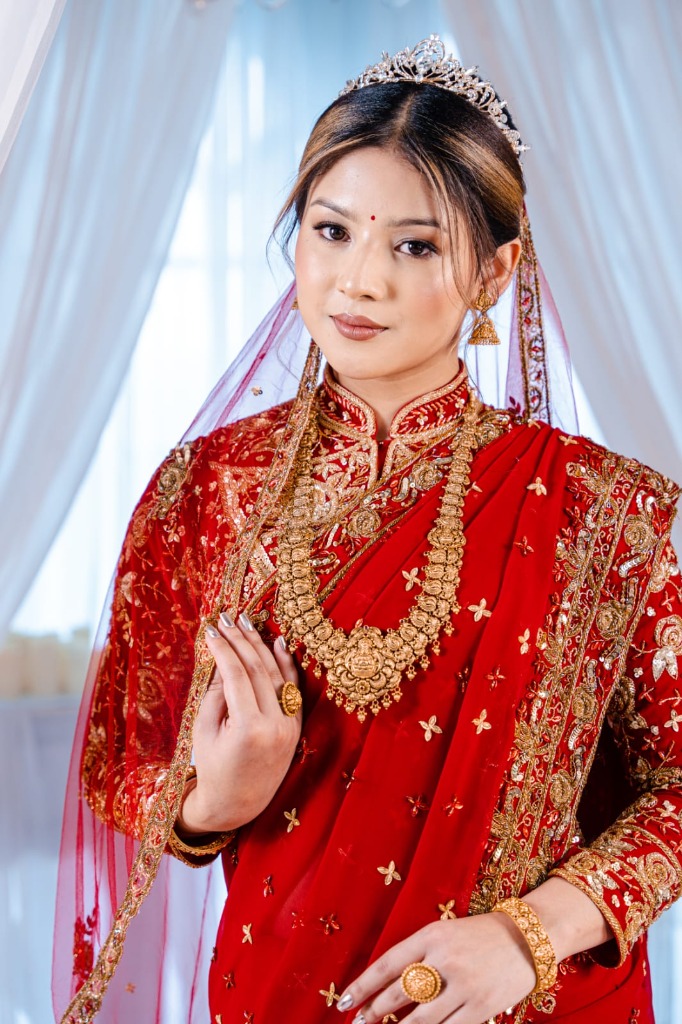 Nepali Bride Red Royal Saree & Gold Crown