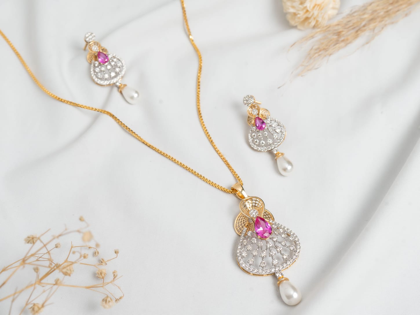 Pink Tourmaline & Diamond Bloom Drop Set